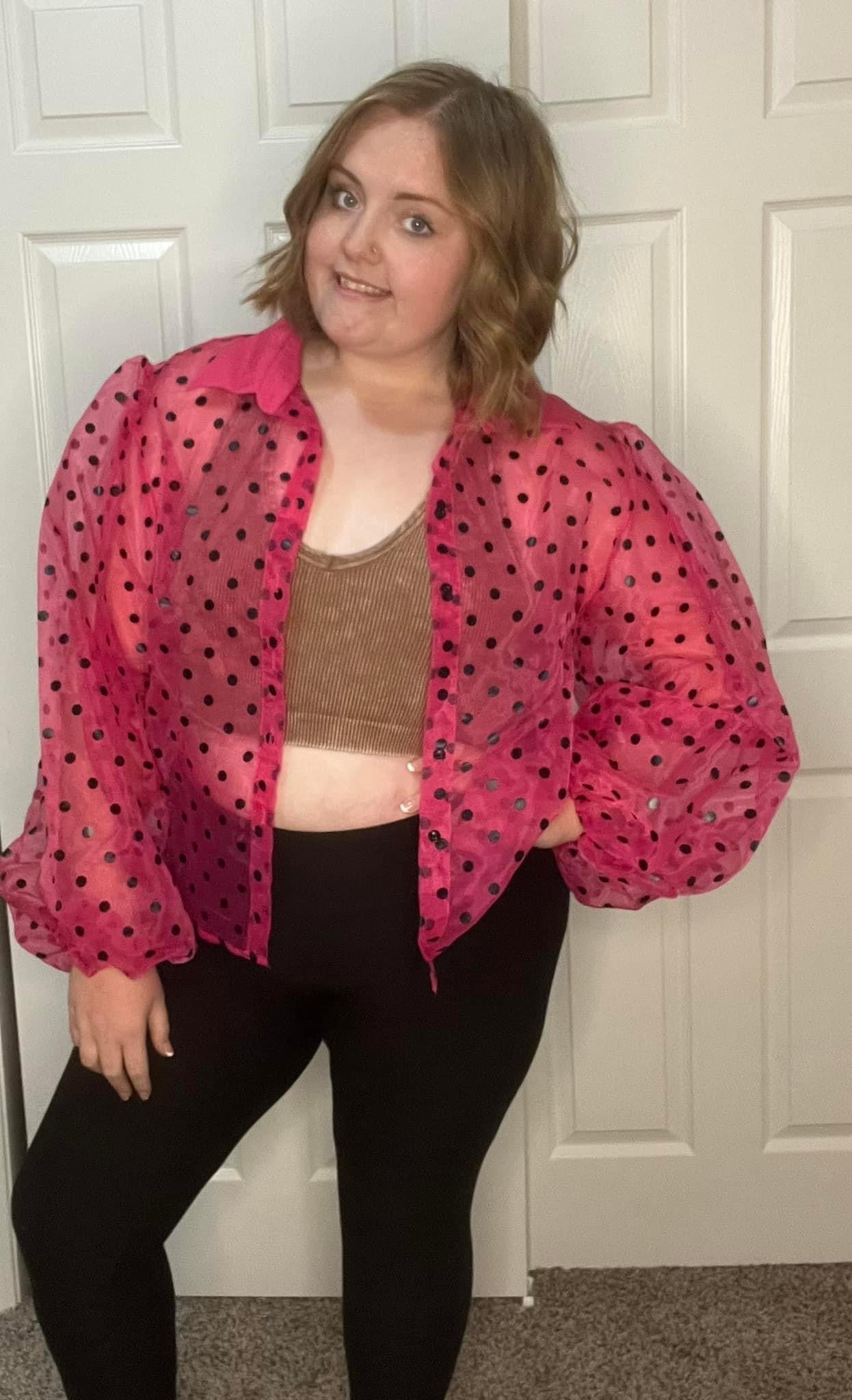 Fushia Puff Sleeve Polka Dotted Top