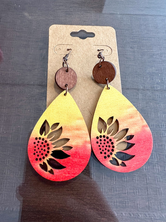 Wooden Neon Sunflower Earrings