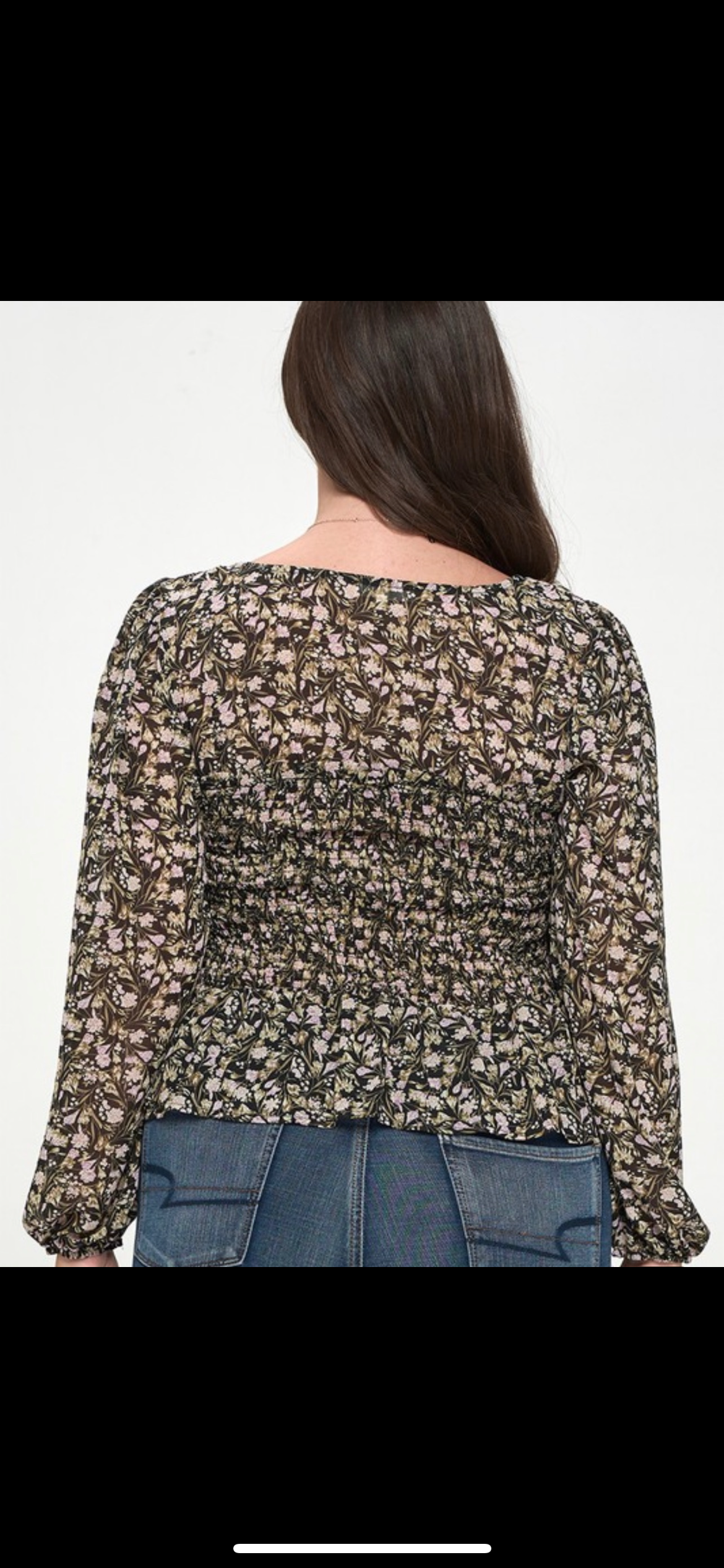 Black Floral Smocked Top
