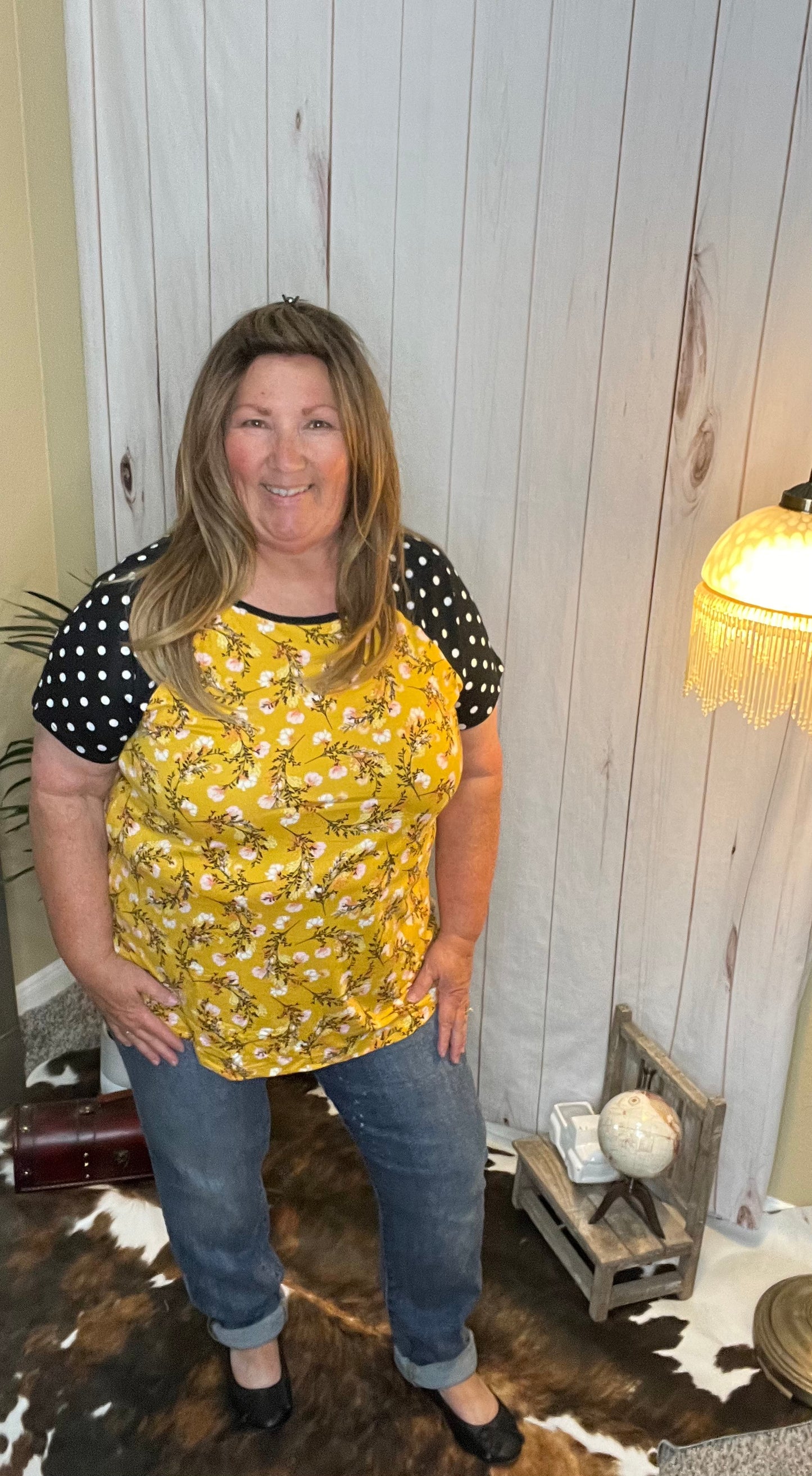 Floral Mustard Top with B&W Polka Dot Sleeves