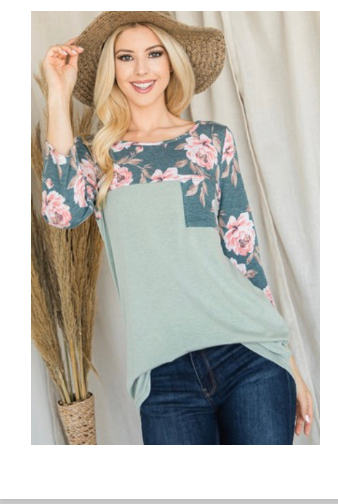 Sage/Floral 3/4 Sleeve top